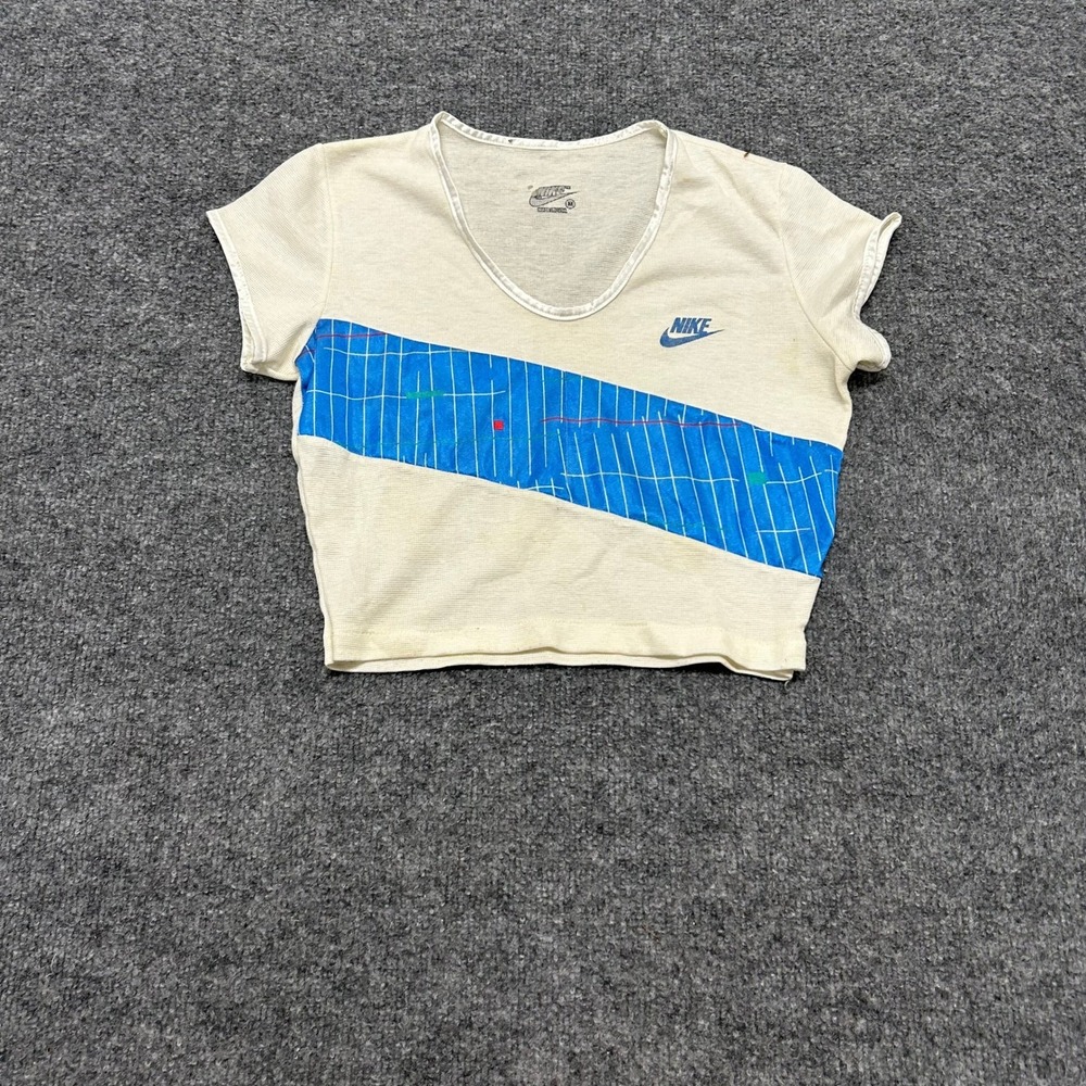 Nike Crop Top Womens Size M Cream Blue Graphic Mesh V-Neck USA Vintage